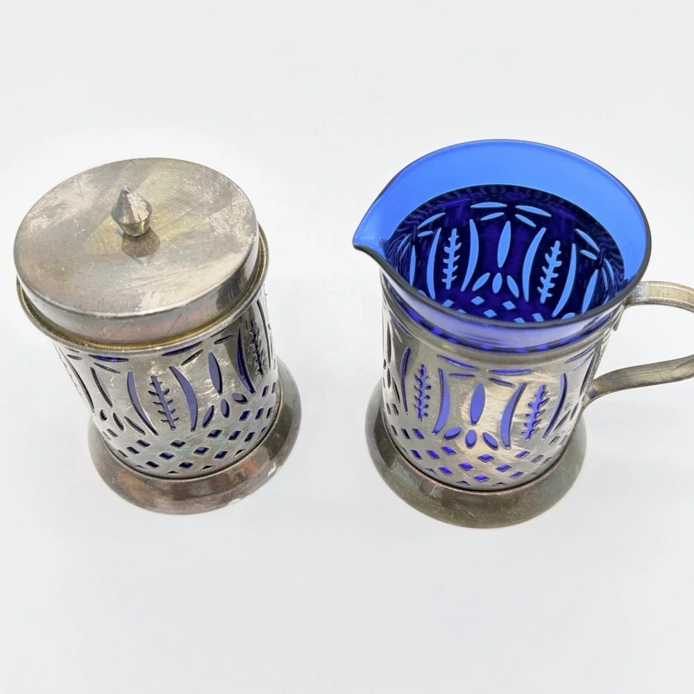 Avon Royal Sapphire Cobalt Blue Glass Creamer & Sugar Bowl Set VTG